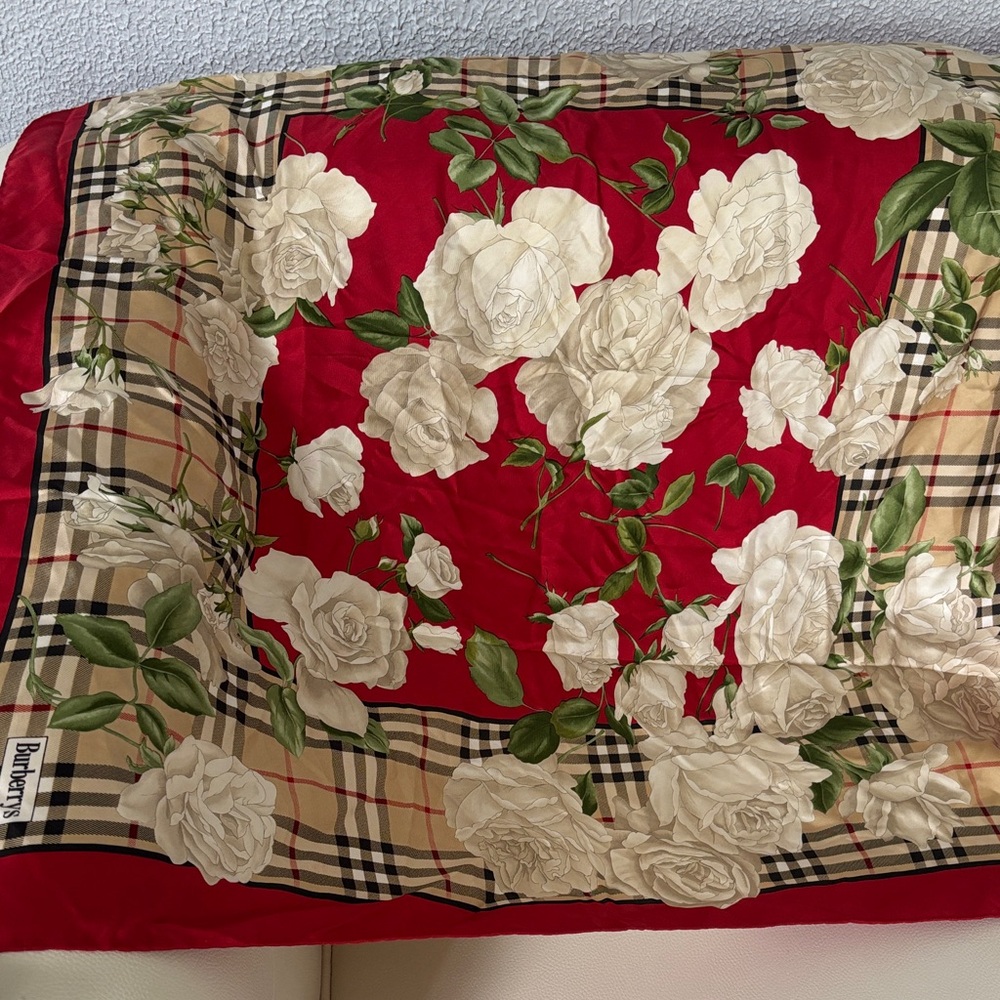 Burberry Red and Cream Floral Plaid Scarf
